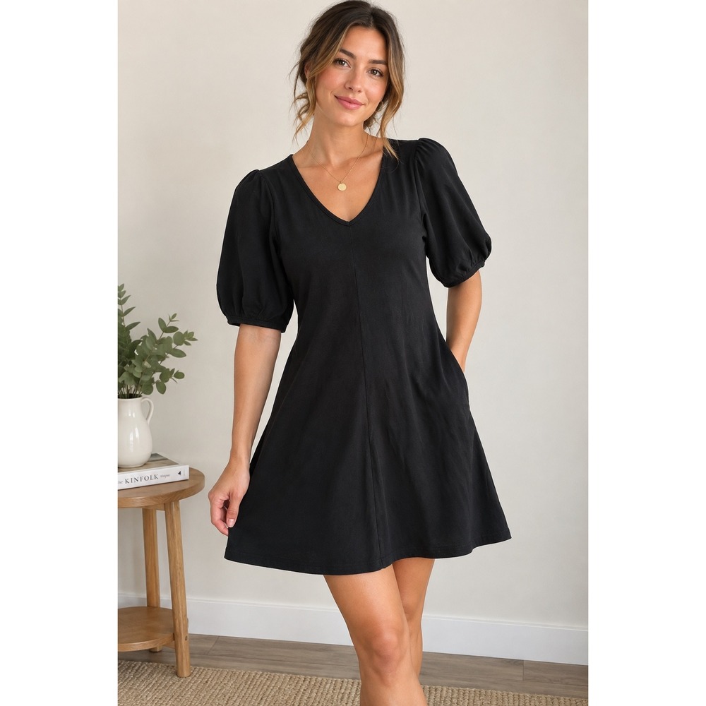 Velvet Graham Spencer Anthropologie Dress XS Black Puff Sleeve Cotton Mini